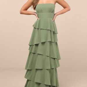 Lulus Gorgeous Essence Sage Strapless Tiered Maxi Dress Green - Size 3X